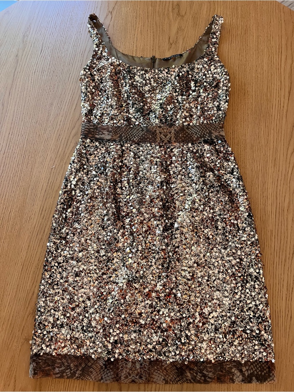 Elie Tahari Brown and Gold Festive Sequin Mini Dress with snake print accents